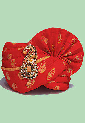 Golden Printed Cotton Turban in Red