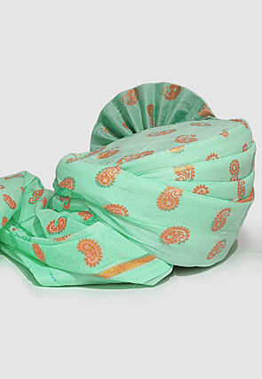 Golden Printed Cotton Unisex Turban in Sea Green