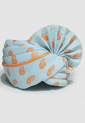 Golden Printed Cotton Turban in Sky Blue