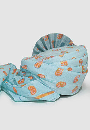 Golden Printed Cotton Unisex Turban in Sky Blue