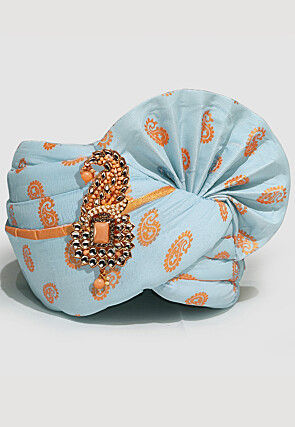 Golden Printed Cotton Turban in Sky Blue