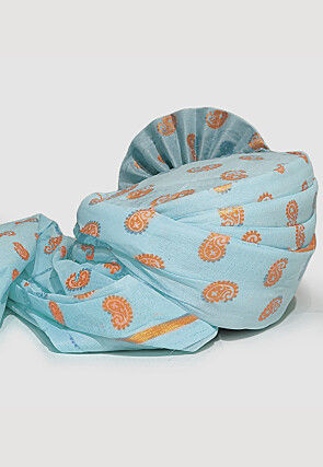Golden Printed Cotton Turban in Sky Blue