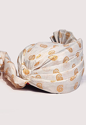 Golden Printed Cotton Unisex Turban in White