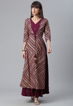 Golden Printed Crepe Jacket Style Maxi Dress in Purple