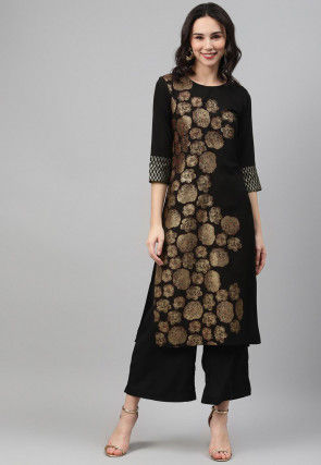 Golden Printed Crepe Pakistani Suit in Black