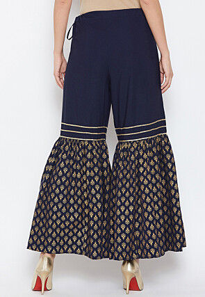 Golden Printed Crepe Sharara in Navy Blue