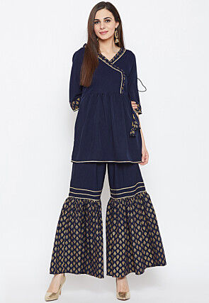 Golden Printed Crepe Sharara in Navy Blue
