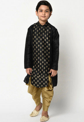 Golden Printed Dupion Silk Dhoti Kurta in Black