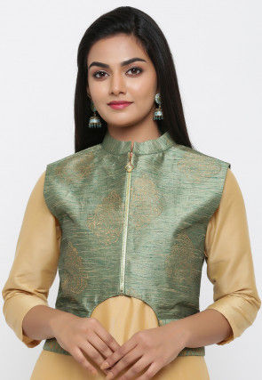 Golden Printed Dupion Silk Jacket in Green