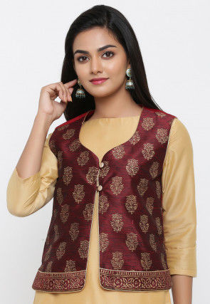 Golden Printed Dupion Silk Jacket in Maroon