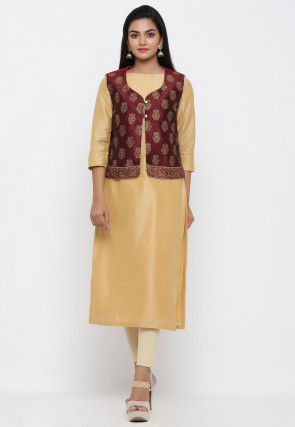 Golden Printed Dupion Silk Jacket in Maroon