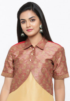 Golden Printed Dupion Silk Jacket in Peach and Red