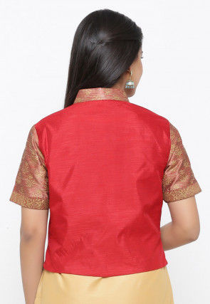 Golden Printed Dupion Silk Jacket in Peach and Red