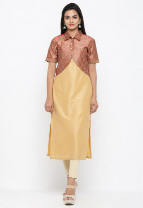 Golden Printed Dupion Silk Jacket in Peach and Red