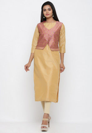 Golden Printed Dupion Silk Jacket in Pink