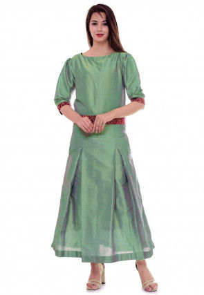 Golden Printed Dupion Silk Kurta in Dusty Green