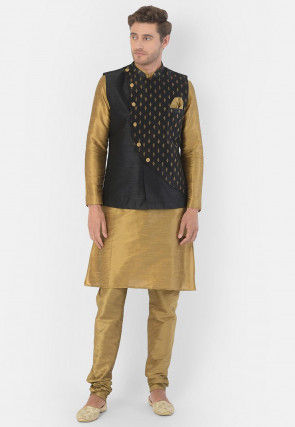 Golden Printed Dupion Silk Kurta Jacket Set in Golden and Black