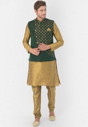 Golden Printed Dupion Silk Kurta Jacket Set in Golden and Green