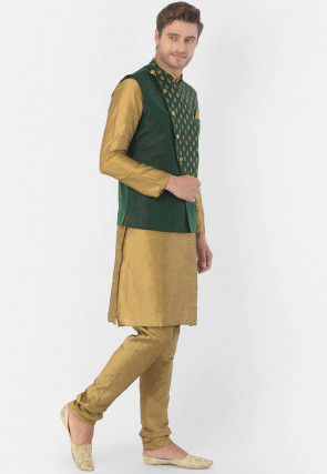 Golden Printed Dupion Silk Kurta Jacket Set in Golden and Green