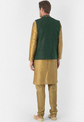 Golden Printed Dupion Silk Kurta Jacket Set in Golden and Green