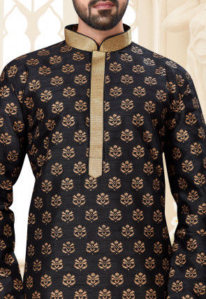 Golden Printed Dupion Silk Kurta Set in Black