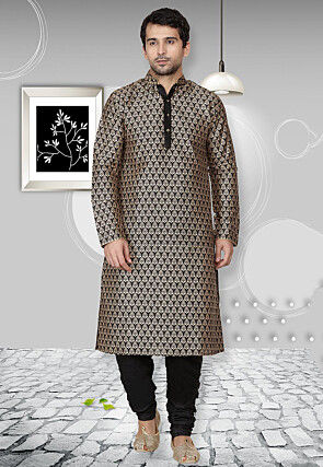 Golden Printed Dupion Silk Kurta Set in Black