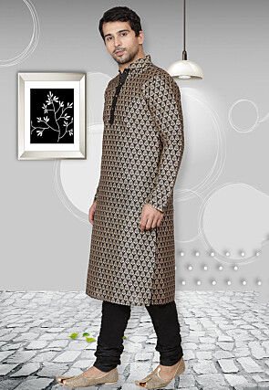 Golden Printed Dupion Silk Kurta Set in Black