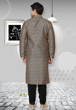 Golden Printed Dupion Silk Kurta Set in Black