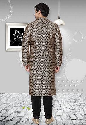 Golden Printed Dupion Silk Kurta Set in Black