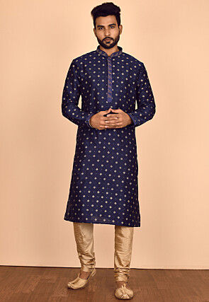 Golden Printed Dupion Silk Kurta Set in Navy Blue