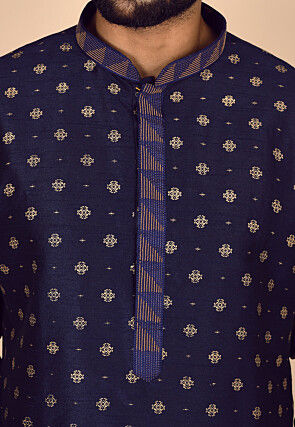 Golden Printed Dupion Silk Kurta Set in Navy Blue