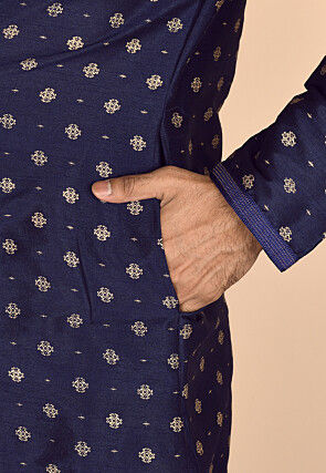 Golden Printed Dupion Silk Kurta Set in Navy Blue