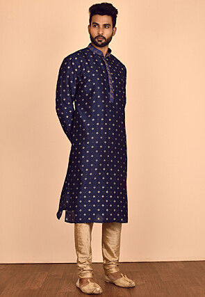 Golden Printed Dupion Silk Kurta Set in Navy Blue