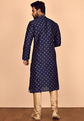 Golden Printed Dupion Silk Kurta Set in Navy Blue