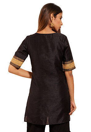 Golden Printed Dupion Silk Kurti in Black