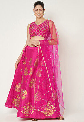 Golden Printed Dupion Silk Lehenga in Fuchsia