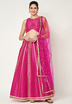 Golden Printed Dupion Silk Lehenga in Fuchsia