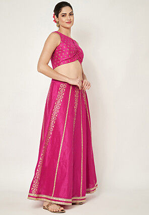 Golden Printed Dupion Silk Lehenga in Fuchsia