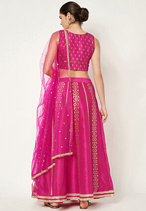 Golden Printed Dupion Silk Lehenga in Fuchsia