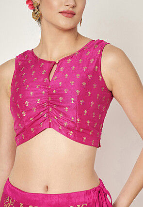 Golden Printed Dupion Silk Lehenga in Fuchsia