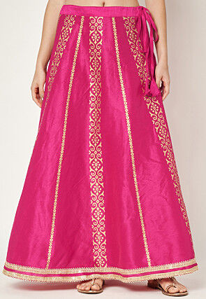 Golden Printed Dupion Silk Lehenga in Fuchsia