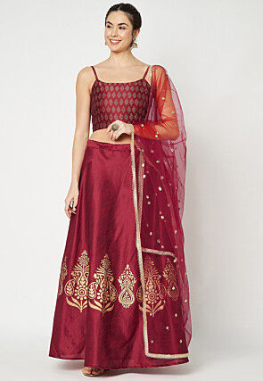 Golden Printed Dupion Silk Lehenga in Maroon