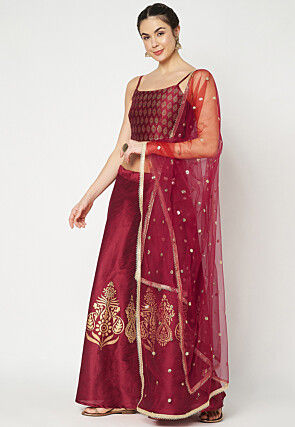 Golden Printed Dupion Silk Lehenga in Maroon