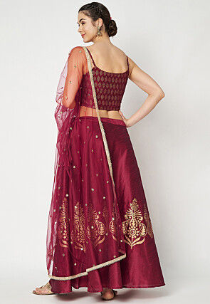Golden Printed Dupion Silk Lehenga in Maroon