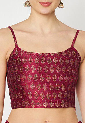 Golden Printed Dupion Silk Lehenga in Maroon