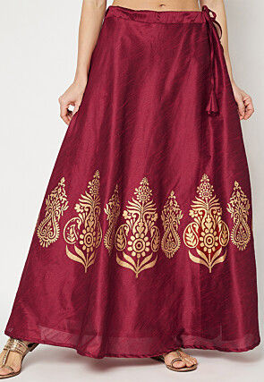 Golden Printed Dupion Silk Lehenga in Maroon