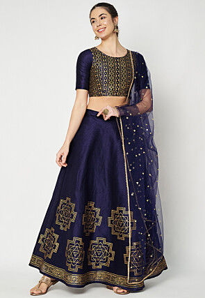 Golden Printed Dupion Silk Lehenga in Navy Blue