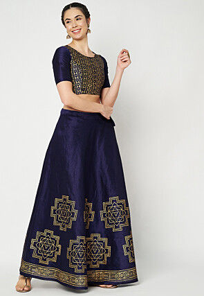 Golden Printed Dupion Silk Lehenga in Navy Blue