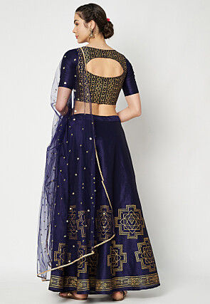 Golden Printed Dupion Silk Lehenga in Navy Blue