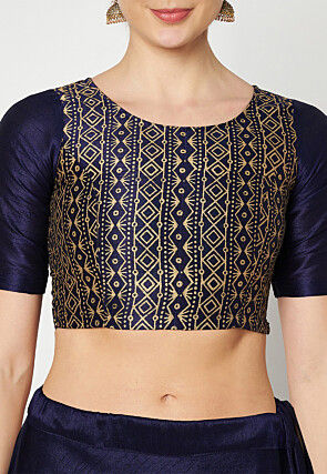 Golden Printed Dupion Silk Lehenga in Navy Blue